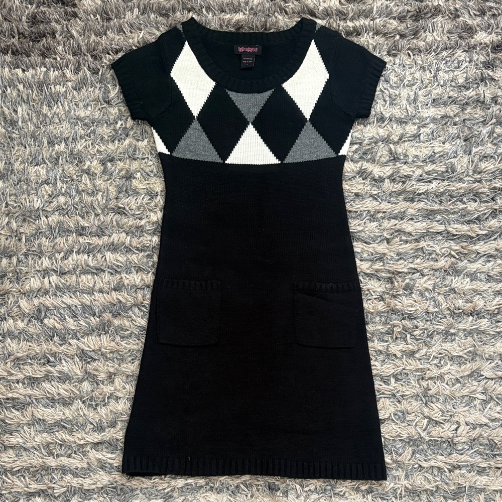 Knit Minded Black, Gray and White Argyle Sweater Dress, Size S
